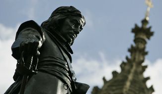 The statue of Oliver Cromwell is seen during a ceremony to mark the 350th anniversary of his death as Lord Protector of England in 1658, during a ceremony outside the Place of Westminster, in central London, Wednesday Sept. 3, 2008. (AP Photo/Lefteris Pitarakis, pool)