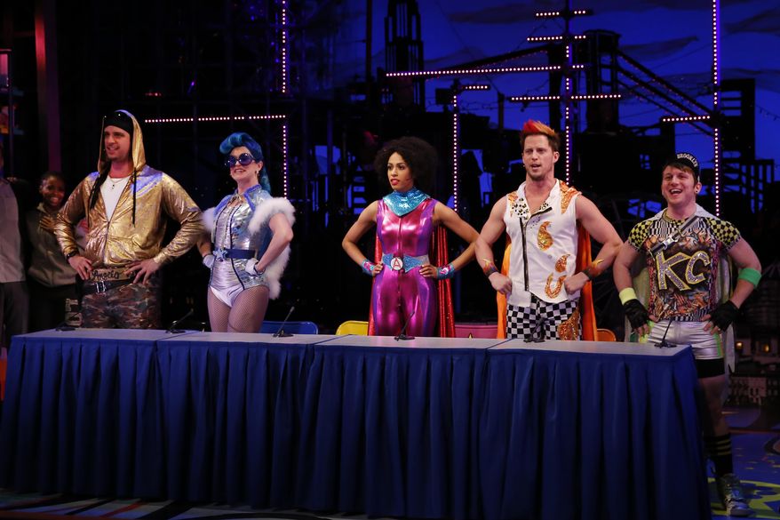 This image released by Sam Rudy Public Relations shows, from left, Nick Cordero, Grace McLean, Nicolette Robinson, Andrew Call and Gerard Canonico during a performance of "Brooklynite." (AP Photo/Sam Rudy Public Relations, Carol Rosegg)