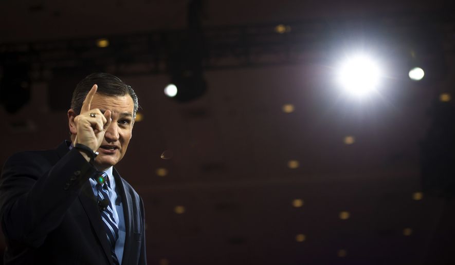 Sen. Ted Cruz, Texas Republican, speaks Feb. 26, 2015, during the Conservative Political Action Conference (CPAC) in National Harbor, Md. (Rod Lamkey Jr./Special to The Washington Times)