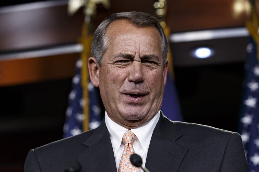 House Speaker John Boehner of Ohio responds to reporters about the impasse over passing the Homeland Security budget because of Republican efforts to block President Barack Obama's executive actions on immigration, Thursday, Feb. 26, 2015, during a news conference on Capitol Hill in Washington. The House voted last month to end Homeland Security funding on Saturday unless Obama reverses his order to protect millions of immigrants from possible deportation. After Democratic filibusters blocked the bill in the Senate, the chamber's Republican leaders agreed this week to offer a "clean" funding measure, with no immigration strings attached. (AP Photo/J. Scott Applewhite)