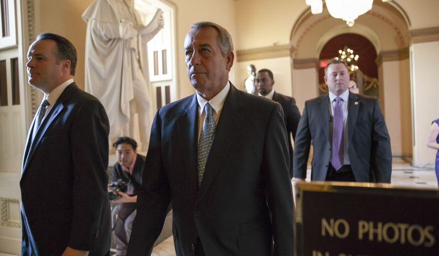 Speaker of the House John Boehner, R-Ohio, walks to the chamber as the House failed to advance a short-term funding measure to keep the Department of Homeland Security funded past a midnight deadline, at the Capitol in Washington, Friday evening, Feb. 27, 2015. Conservatives in Speaker Boehner&#x27;s own party fought against three-week funding measure because it would not overturn Obama&amp;#8217;s actions on immigration.  (AP Photo/J. Scott Applewhite)