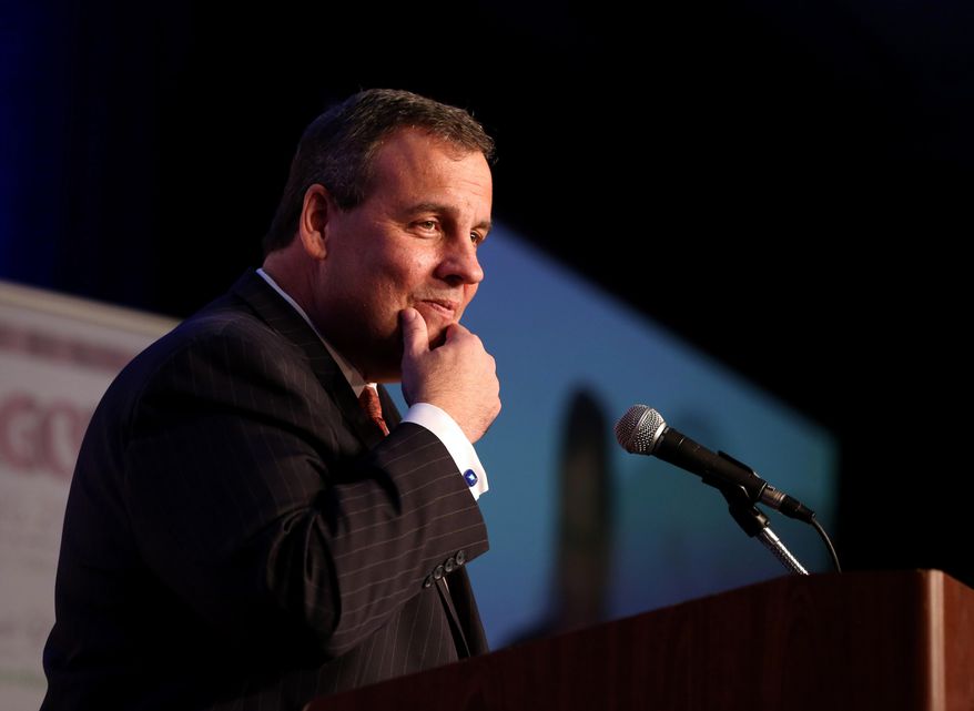 New Jersey Gov. Chris Christie pauses as he addresses delegates at the California Republican Party Spring 2015 Organizing Convention in Sacramento, Calif., Saturday, Feb. 28, 2015, Christie told the crowd of about 500 lunch guests that the party should not rush into choosing a 2016 presidential nominee because of pressure from pundits and donors.(AP Photo/Rich Pedroncelli)
