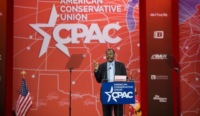 Ben Carson delivered a well-received speech kicking off the 2015 Conservative Political Action Conference over the weekend and he finished fourth in The Washington Times/CPAC straw poll, dropping a rung from his third-place finish third last year. (Rod Lamkey Jr./Special to The Washington Times)
