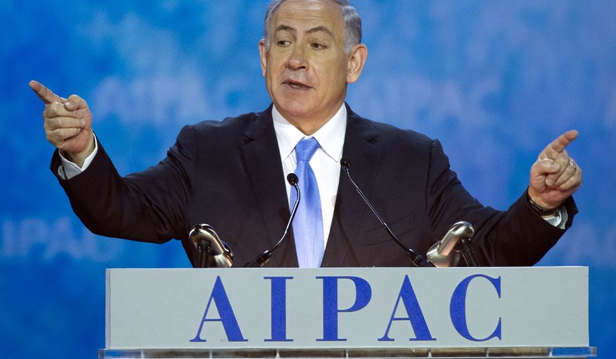 Israeli Prime Minister Benjamin Netanyahu gestures while speaking at the 2015 American Israel Public Affairs Committee (AIPAC) Policy Conference in Washington, Monday, March 2, 2015. (AP Photo/Cliff Owen) ** FILE **