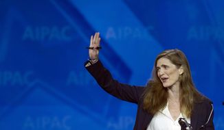 U.S. United Nations Ambassador Samantha Power addresses the 2015 American Israel Public Affairs Committee (AIPAC) Policy Conference in Washington, Monday, March 2, 2015. (AP Photo/Cliff Owen)