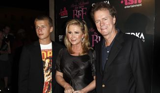 In this Sept. 30, 2008, file photo, Conrad Hilton, left, Kathy Hilton, center, and Rick Hilton arrive at the launch party of new MTV series &quot;Paris Hilton&#39;s My New BFF&quot; in Los Angeles. Federal prosecutors in Los Angeles say Paris Hilton&#39;s brother Conrad has agreed to plead guilty to assaulting flight attendants on a trip from London last year. (AP Photo/Matt Sayles, File)