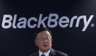 Blackberry&#39;s Executive Chairman and CEO John Chen speaks during a presentation at the Mobile World Congress wireless show in Barcelona, Spain, Tuesday, March 3, 2015. (AP Photo/Manu Fernandez)