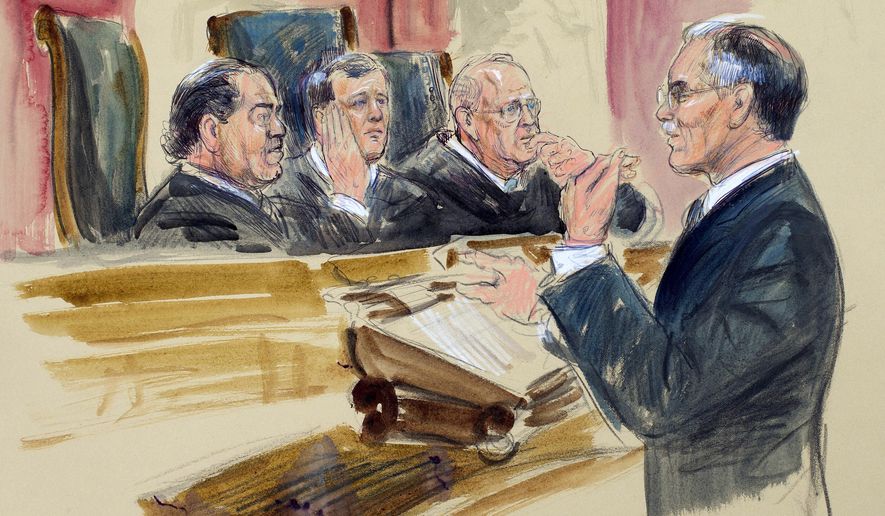 This courtroom artist rendering shows Solicitor General Donald Verrilli, speaking before the Supreme Court. (Associated Press/File)