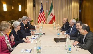 [u&#39;Secretary of State John Kerry, fourth from left, meets with Iranian Foreign Minister Mohammad Javad Zarif, third from right, for a new round of nuclear negotiations on Wednesday, March 4, 2015, in Montreux, Switzerland.  (AP Photo/Evan Vucci)&#39;, u&#39;U.S. Secretary of State John Kerry, third from left, meets with Iranian Foreign Minister Mohammad Javad Zarif, third from right, for a new round of nuclear negotiations Wednesday, March 4, 2015, in Montreux, Switzerland.  (AP Photo/Evan Vucci, Pool)&#39;]