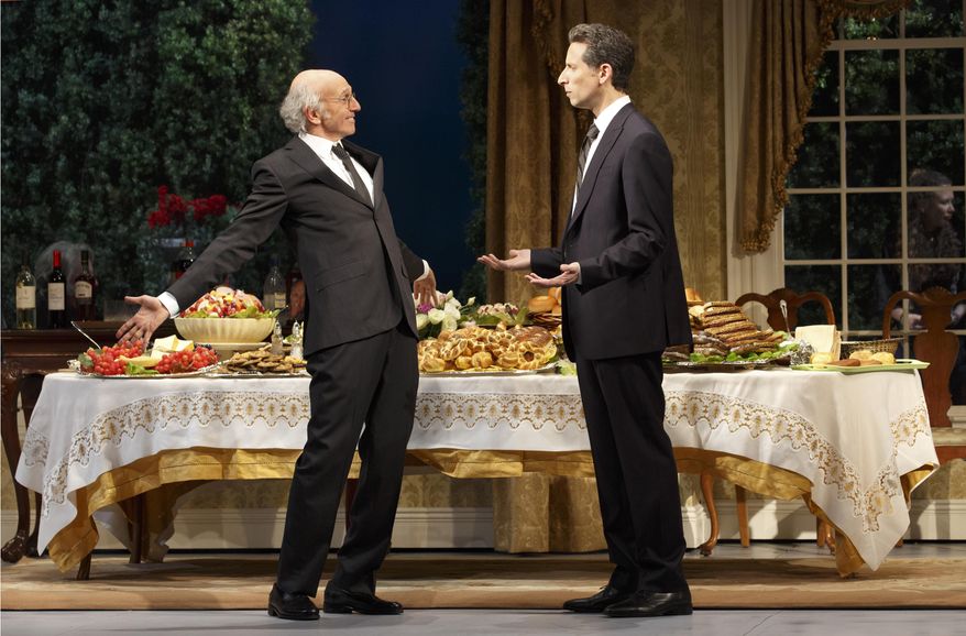 This image released by Philip Rinaldi Publicity shows Larry David, left, and Ben Shenkman during a performance of the comedy "Fish in the Dark," at the Cort Theatre in New York. (AP Photo/Philip Rinaldi Publicity, Joan Marcus)