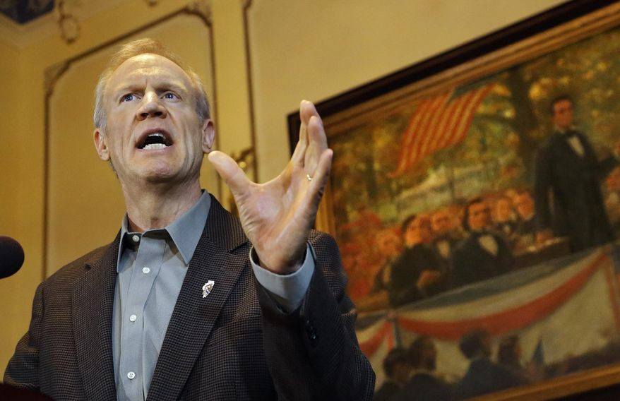 FILE - In this Feb. 9, 2015 file photo, Illinois Gov. Bruce Rauner speaks to reporters during a news conference in his office at the state Capitol Springfield. Illinois labor unions are asking a judge to invalidate Rauner's executive order ending a requirement that state workers pay union dues even if they don't want to join a union. Twenty-seven unions filed a lawsuit Thursday, March 5, 2015, against the Republican governor. (AP Photo/Seth Perlman, File)