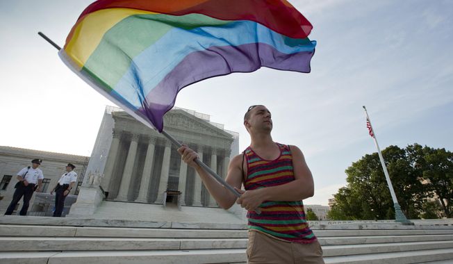 Gay rights advocate Vin Testa waves a rainbow flag in front of the Supreme Court in Washington. Thousands of businesses, religious groups, advocacy organizations and politicians who are filing legal briefs at the Supreme Court in support of gay marriage. The cases from Kentucky, Michigan, Ohio and Tennessee will be argued April 28, and a decision is expected by early summer.  (AP Photo/J. Scott Applewhite, File)