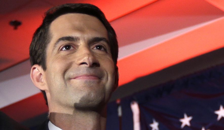 In this Nov. 4, 2014, file photo, then-Sen.-elect Tom Cotton, R-Ark., waves at his election watch party in North Little Rock, Ark., after defeating incumbent Sen. Mark Pryor. Forty-seven Republican senators warned Monday that any agreement the Obama administration strikes with Iran to limit Tehran&#39;s nuclear program may be short-lived unless Congress approves the deal. (AP Photo/Danny Johnston, File)