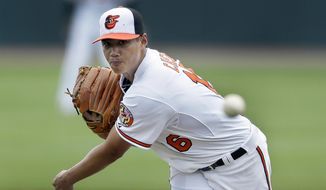 Baltimore Orioles starting pitcher Wei-Yin Chen, of Taiwan, throws during the first inning of a spring training exhibition baseball game against the New York Yankees in Sarasota, Fla., Tuesday, March 10, 2015. (AP Photo/Carlos Osorio)