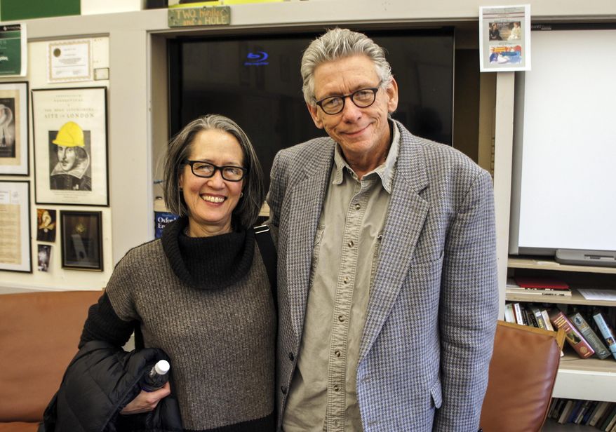 This Feb. 18, 2015 photo provided by Literary Arts shows, Ruth Ozeki, left, with Dr. Dreyer at Grant High School, in Portland, Ore. Ozeki spent a week here as author-in-residence with Literary Arts, a Portland-based nonprofit that promotes literature and writers. Author of the critically acclaimed 2013 novel “A Tale For The Time Being,” Ozeki conducted master classes in fiction writing and on meditation and creativity while she was in Portland and spoke with high school students. (AP Photo/Literary Arts)