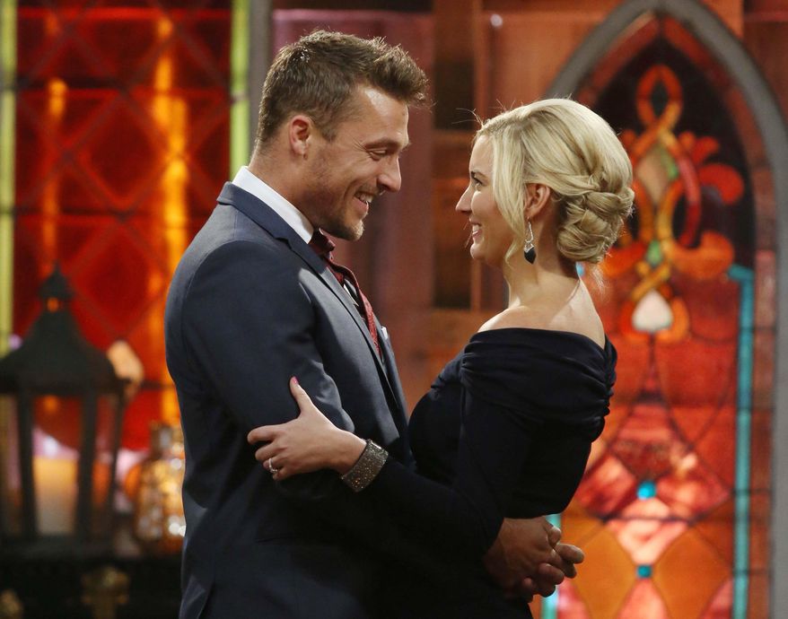 This image released by ABC shows Chris Soules, left, and Whitney Bischoff during the finale of the reality dating competition series "The Bachelor," which aired on Monday, March 9, 2015. (AP Photo/ABC, Nicole Kohl)
