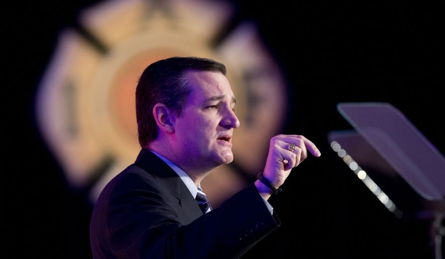 Sen. Ted Cruz, Texas Republican, speaks at the International Association of Firefighters (IAFF) Legislative Conference and Presidential Forum in Washington on March 10, 2015. (Associated Press)