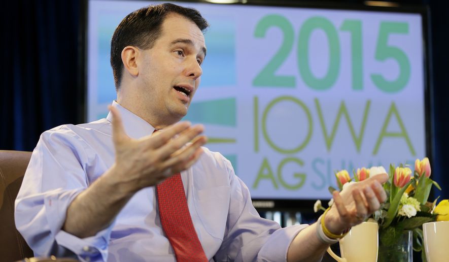 Wisconsin Gov. Scott Walker speaks during the Iowa Agriculture Summit in Des Moines, Iowa, in this March 7, 2015, file photo. (AP Photo/Charlie Neibergall) ** FILE **