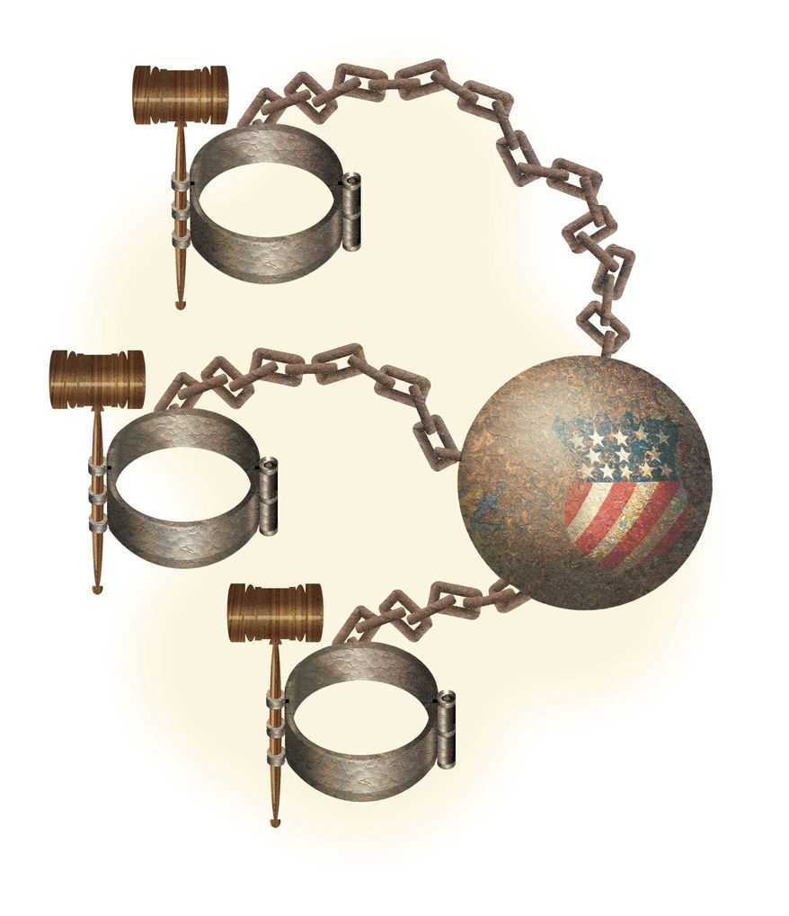 Illustration on Federal court incursions on individual liberties by Alexander Hunter/The Washington Times
