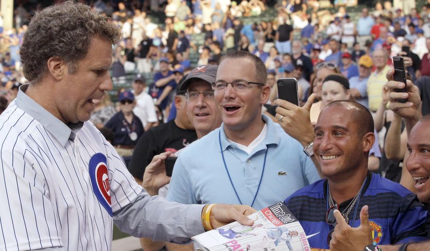 FILE - In this July 18, 2012, file photo, comedian Will Ferrell, left, talks with fans after throwing out the ceremonial first pitch before a baseball game between the Miami Marlins and the Chicago Cubs in Chicago. Ferrell will appear in at least two Arizona spring training games on Thursday, March 12, 2015. The Chicago White Sox confirmed the star of &amp;quot;Anchorman&amp;quot; and many other movies will appear in their game against the San Francisco Giants in Glendale and the San Diego Padres say he will play in their game against the Los Angeles Dodgers in Peoria. (AP Photo/Nam Y. Huh, File)