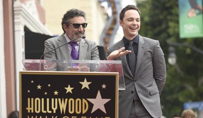 Jim Parsons, right, and Chuck Lorre, speak at the ceremony as Parsons is honored with a star at the Hollywood Walk of Fame on Wed., March 11, 2015, in Los Angeles. (Photo by Chris Pizzello/Invision/AP)