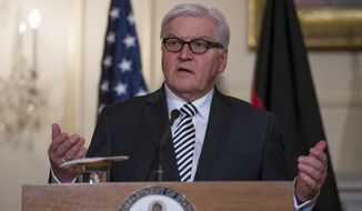 German Foreign Minister Frank-Walter Steinmeier speaks while meeting with Secretary of State John Kerry at the State Department in Washington, Wednesday, March 11, 2015. (AP Photo/Molly Riley)