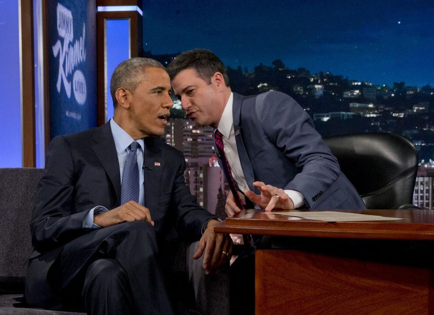 President Barack Obama talks with Jimmy Kimmel during a break in taping on Jimmy Kimmel Live, in Los Angeles Thursday, March 12, 2015. After the taping the president is expected to attend a DNC event. (AP Photo/Jacquelyn Martin)