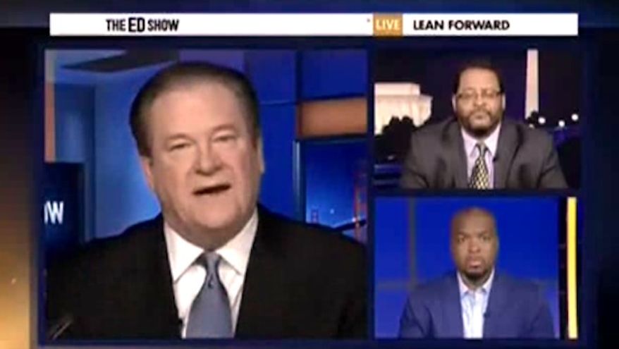 Ed Schultz suggested on his MSNBC show Wednesday night that police officers in Ferguson, Missouri, should be disarmed in order to effect real change following a Justice Department report that accused the department of racial bias. (MSNBC via The Daily Caller)
