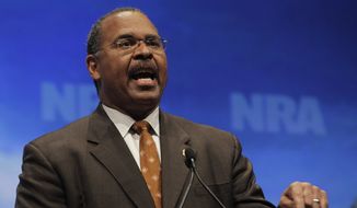 Former Ohio Secretary of State Ken Blackwell speaks at the National Rifle Association convention in St. Louis, Friday, April 13, 2012. (AP Photo/Michael Conroy)