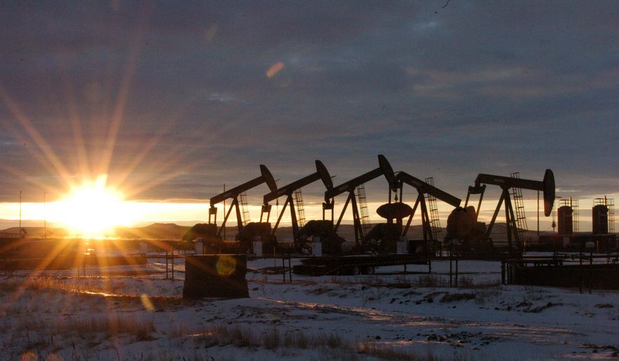 In this Jan. 14, 2015, file photo, some of the 60 rigs that are drilling surrounding McKenzie County, 40 percent of the rigs statewide, work in western North Dakota. (AP Photo/Matthew Brown, File)