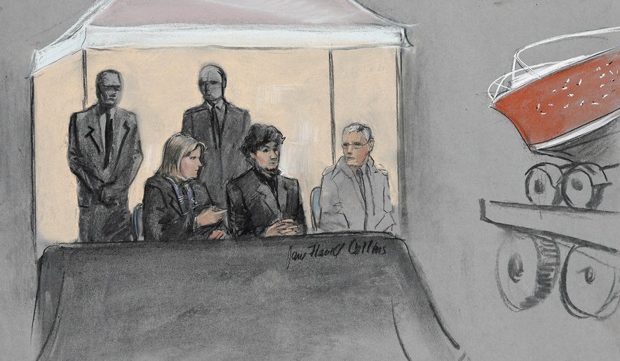 In this courtroom sketch, Dzhokhar Tsarnaev, center seated, is depicted between defense attorneys while the boat in which he was captured in sits on a trailer for observation during his federal death penalty trial, Monday, March 16, 2015, in Boston. Tsarnaev is charged with conspiring with his brother to place two bombs near the Boston Marathon finish line in April 2013, killing three and injuring more than 260 people. (AP Photo/Jane Flavell Collins) ** FILE **