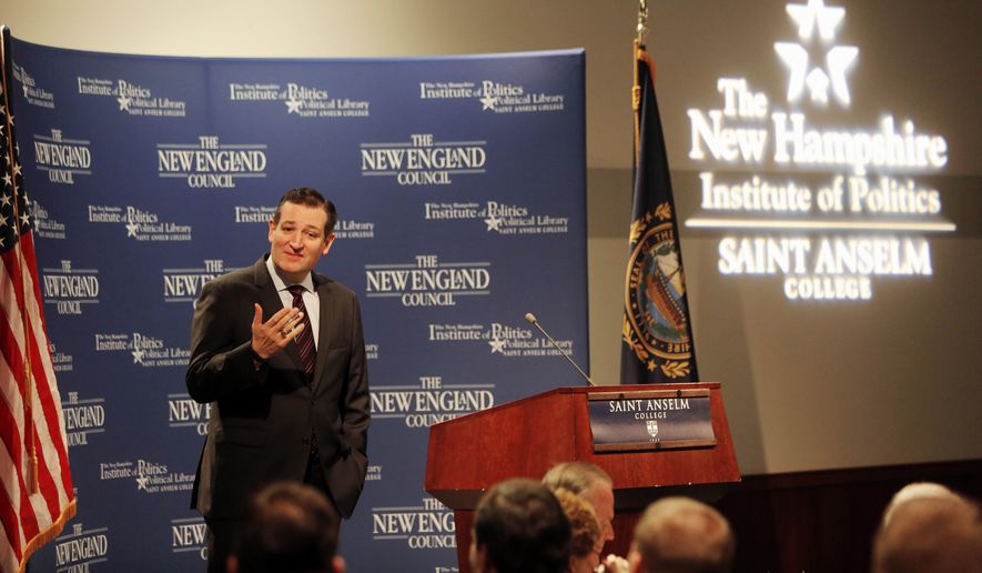 Sen. Ted Cruz, R-Texas speaks with area business leaders during a Politics and Eggs breakfast,  Monday, March 16, 2015, in Manchester, N.H. (AP Photo/Jim Cole)
