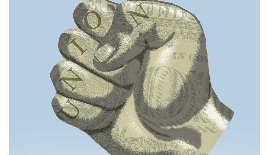 Illustration on Gov. Walker&#x27;s actions against public-sector unions in Wisconsin by Alexander Hunter/The Washington Times
