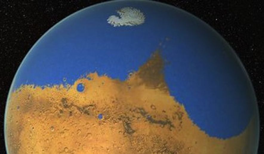 Life there, once upon a time? NASA scientists say a primitive ocean on Mars held more water than Earth&#39;s Arctic Ocean. (NASA/GSFC)

