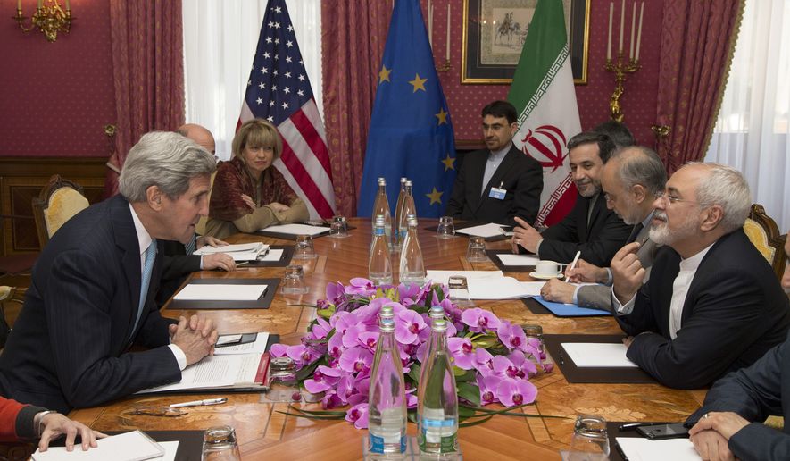 U.S. Secretary of State John Kerry, left, holds a meeting with Iran&#39;s Foreign Minister Mohammad Javad Zarif, right, over Iran&#39;s nuclear program, in Lausanne, Switzerland, Wednesday March 18, 2015. Negotiations are expected to continue until Friday. And although neither side is promising a breakthrough over the next three days, each is hoping to resolve as many lingering issues as possible, from the speed of a U.S. sanctions drawdown to the level of inspections on Iranian nuclear sites. (AP Photo/Brian Snyder, Pool)