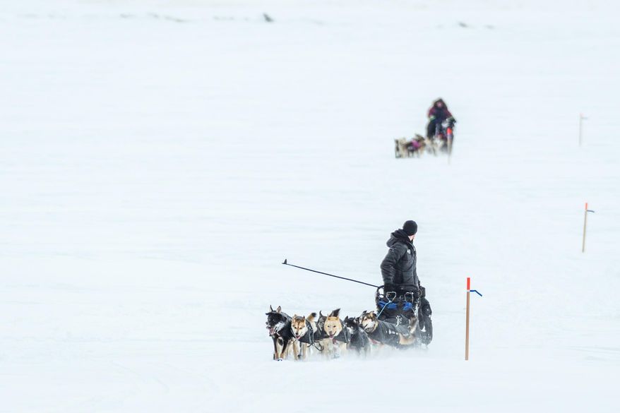 Dallas Seavey looks back at Aaron Burmeister, whom he had just passed, as they head into the Koyuk, Alaska, checkpoint during the Iditarod Trail Sled Dog Race, Monday, March 16, 2015. (AP Photo/Alaska Dispatch News, Loren Holmes )