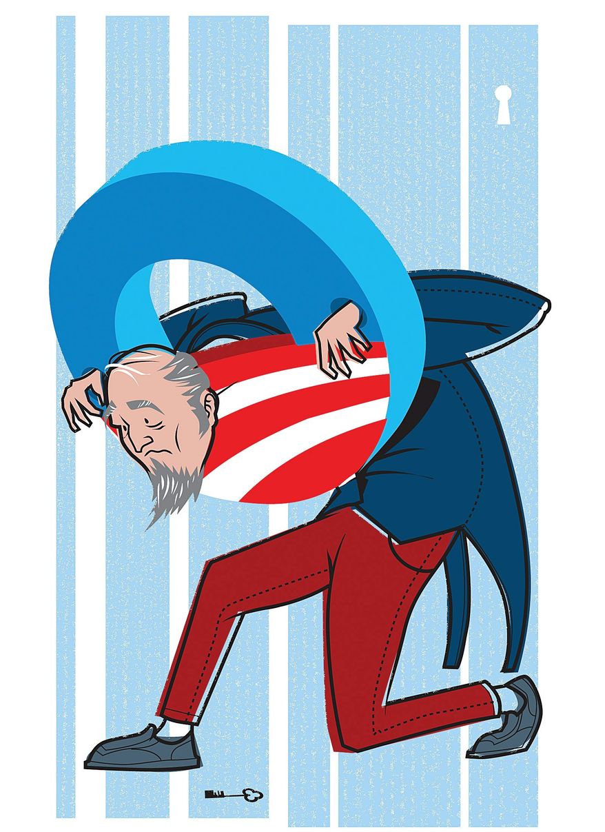 Illustration on Obama&#x27;s assault on America by Linas Garsys/The Washington Times