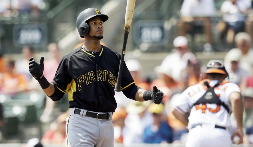 Pittsburgh Pirates&#39; Pedro Florimon tosses his bat after striking out in the second inning of a spring training exhibition baseball game against the Baltimore Orioles in Sarasota, Fla., Thursday, March 19, 2015. (AP Photo/Carlos Osorio)