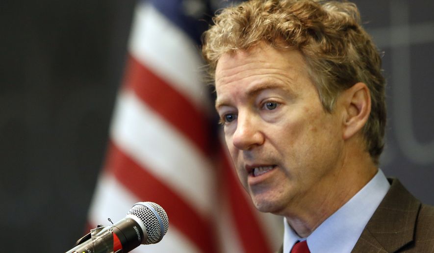 Sen., Rand Paul, R-Ky. speaks to employees during a visit to Dyn, an internet performance company Friday, March 20, 2015, in Manchester, N.H. (AP Photo/Jim Cole)
