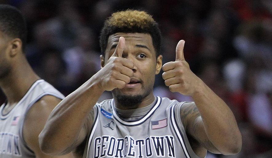 Georgetown guard D&#39;Vauntes Smith-Rivera gestures during the second half of an NCAA college basketball second round game against Eastern Washington in Portland, Ore., Thursday, March 19, 2015. Smith-Rivera scored 25 points as Georgetown won 84-74. (AP Photo/Craig Mitchelldyer)