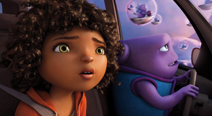 In this image released by DreamWorks Animation, characters Oh, voiced by Jim Parsons, right, and Tip, voiced by Rihanna appear in a scene from the animated film "Home." (AP Photo/DreamWorks Animation)