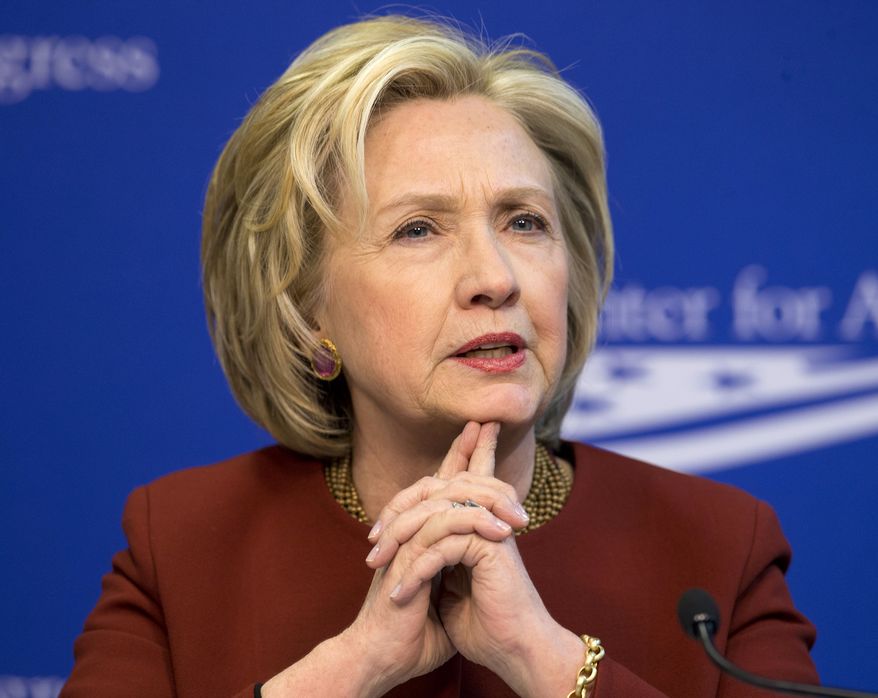 Former Secretary of State Hillary Rodham Clinton speaks at an event hosted by the Center for American Progress (CAP) and the America Federation of State, County and Municipal Employees (AFSCME), Monday, March 23, 2015, in Washington. (AP Photo/Pablo Martinez Monsivais) ** FILE **