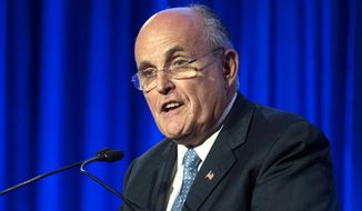 Former New York City Mayor Rudy Giuliani speaks at the Manhattan Institute for Policy Research Alexander Hamilton Award Dinner in New York in this May 12, 2014, file photo. (AP Photo/John Minchillo, File)