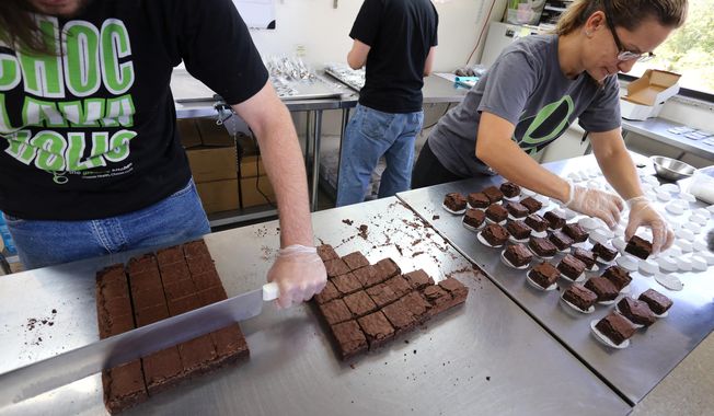 FILE  - In this Sept. 26, 2014 file photo, smaller-dose pot-infused brownies are divided and packaged at The Growing Kitchen, in Boulder, Colo. A bill up for its first vote in the state legislature on Wednesday., March 25, 2015 would repeal a 2014 Colorado law requiring pot foods to have a distinct look when out of its packaging. (AP Photo/Brennan Linsley, File)