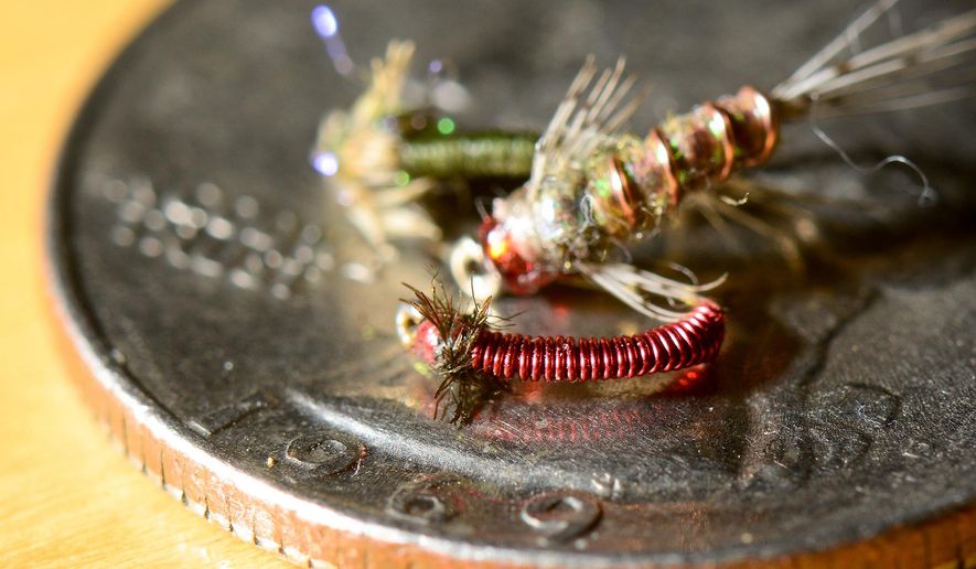 Midge patterns rest on a quarter. Small flies mimic the chironomids present in many Montana rivers and lakes. (AP Photo/Bozeman Daily Chronicle, Ben Pierce)