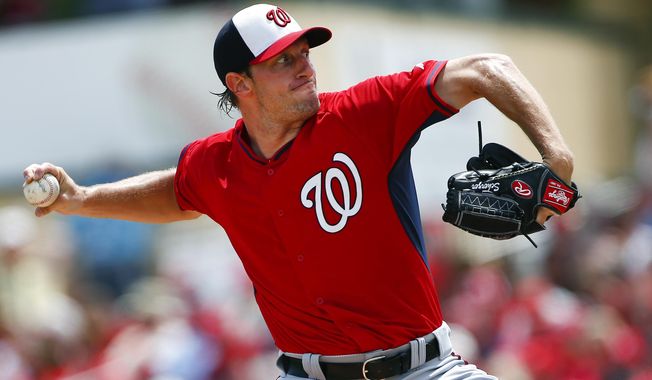 Washington Nationals starting pitcher Max Scherzer works in the first inning of an exhibition spring training baseball game against the St. Louis Cardinals, Wednesday, March 25, 2015, in Jupiter, Fla. (AP Photo/John Bazemore) **FILE**