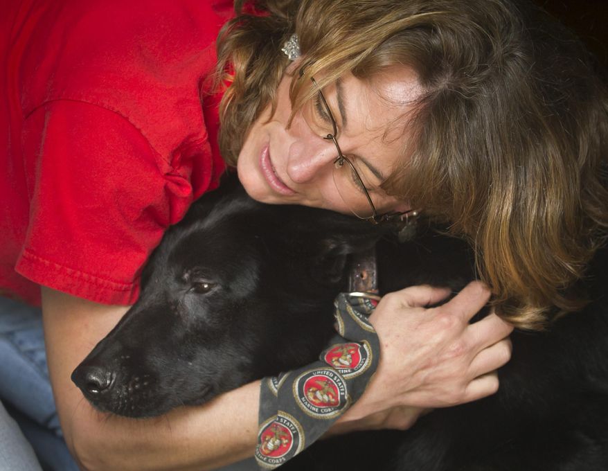 In this photo taken on Friday, March 20, 2015, Kay Hoffman embraces Fenji, a former Marine Corps working dog, at her home in Friendswood, Texas. Hoffman and her husband Bill have become Fenji's caretakers after she was retired from active duty with her handler Corporal Alex Hoffman, Kay and Bill's son. Prior to working alongside Alex in Afghanistan, Fenji was injured in a 2010 IED explosion in Afghanistan that killed her handler Corporal Max Donahue. (AP Photo/The Galveston County Daily News, Stuart Villanueva)