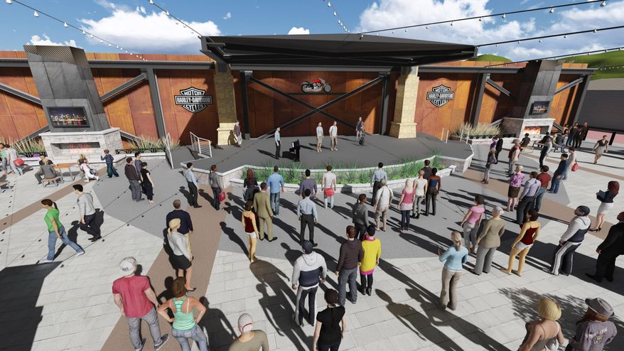 This artist's rendering provided by the Harley-Davidson Motor Co., shows plans for the Harley-Davidson Rally Point in Sturgis, S.D. The city of Sturgis and Harley Davidson are breaking ground beginning Wednesday, March 25, 2015, on the new downtown plaza named after the motorcycle company, the result of a private-public partnership that also renames a city street after the company. The plaza will cover more than 11,000 square feet and is meant to serve as a hub for riders during the annual Sturgis Motorcycle Rally and a gathering place for the public during the rest of the year. (AP Photo/Courtesy of the Harley-Davidson Motor Co., Jessica Hawn)