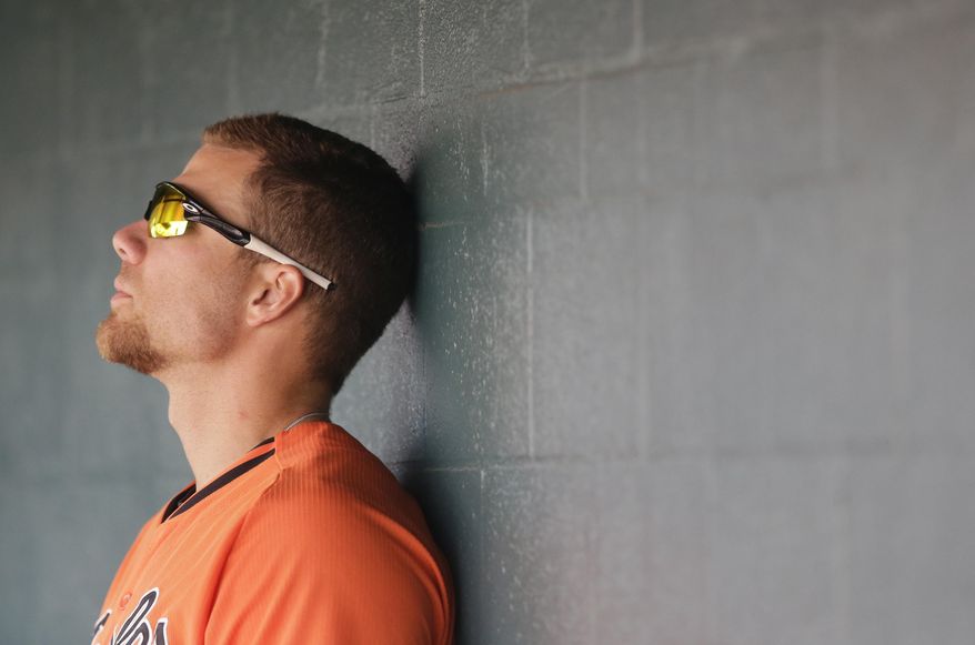 Baltimore Orioles first baseman Chris Davis pauses in the dugout during the seventh inning of a spring training exhibition baseball game against the Pittsburgh Pirates in Bradenton, Fla., Tuesday, March 24, 2015. (AP Photo/Carlos Osorio)