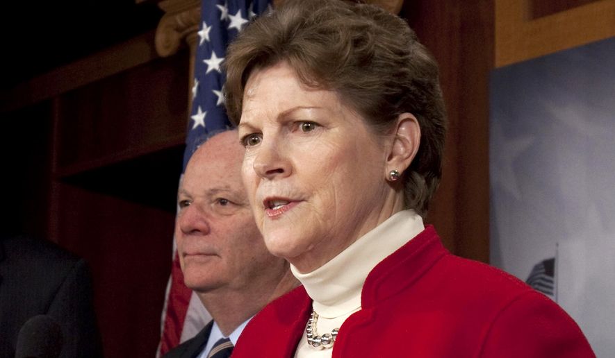 FILE - In this Dec. 16, 2010 file photo, Sen. Jeanne Shaheen, D-N.H. speaks during a news conference on Capitol Hill in Washington. The Senate approved a long-delayed bill to boost energy efficiency Friday that includes incentives to cut energy use in commercial buildings, manufacturing plants and homes. (AP Photo/Harry Hamburg, File)
